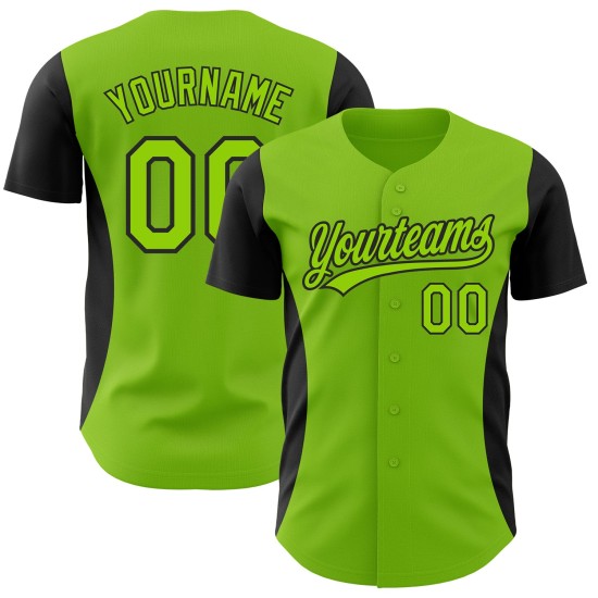 Maillot de baseball à rayures latérales personnalisées, motif 3D, noir, vert fluo, authentique Maillot de baseball à rayures latérales personnalisées, motif 3D, noir, vert fluo, authentique