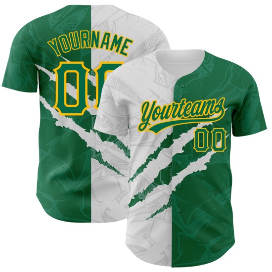 Maillot de baseball authentique personnalisé 3D Kelly vert-or, motif graffiti à gratter Maillot de baseball authentique personnalisé 3D Kelly vert-or, motif graffiti à gratter