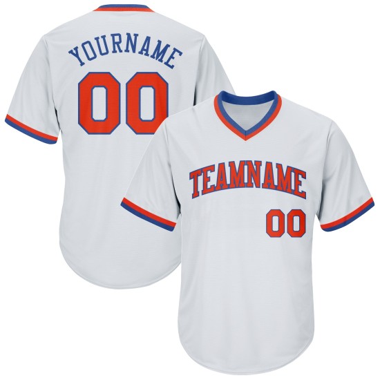 Maillot de baseball personnalisé en tricot côtelé, blanc, rétro, authentique, orange et bleu roi Maillot de baseball personnalisé en tricot côtelé, blanc, rétro, authentique, orange et bleu roi