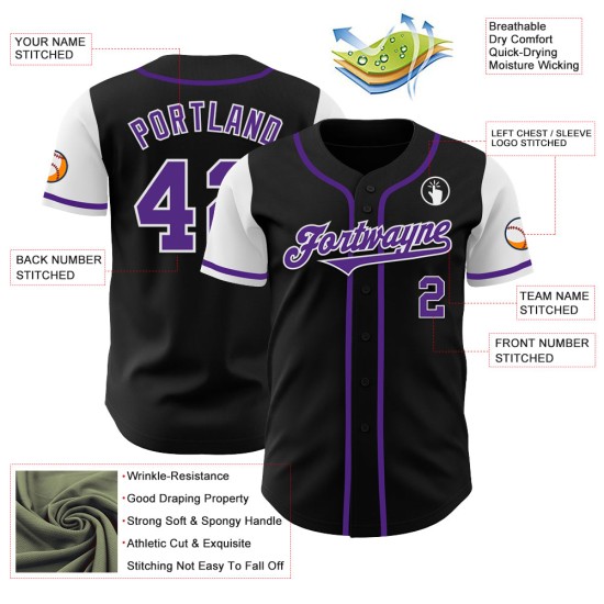 Maillot de baseball authentique, ton deux, violet et blanc, noir, personnalisé Maillot de baseball authentique, ton deux, violet et blanc, noir, personnalisé