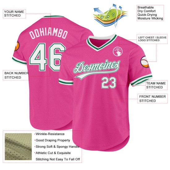 Maillot de baseball personnalisé vert rétro authentique blanc-rose Kelly Maillot de baseball personnalisé vert rétro authentique blanc-rose Kelly