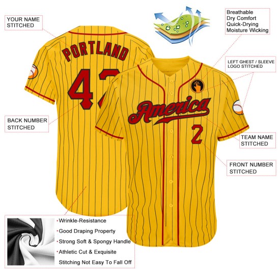 Maillot de baseball jaune, noir, personnalisé, authentique, rouge et noir, à fines rayures Maillot de baseball jaune, noir, personnalisé, authentique, rouge et noir, à fines rayures