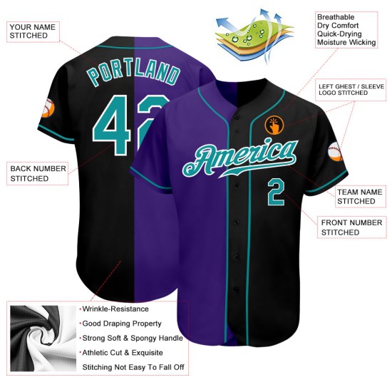 Maillot de baseball tendance bleu sarcelle et violet, authentique et personnalisé, noir Maillot de baseball tendance bleu sarcelle et violet, authentique et personnalisé, noir