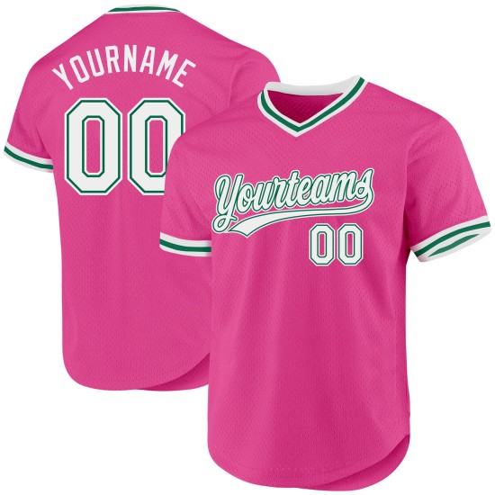 Maillot de baseball personnalisé vert rétro authentique blanc-rose Kelly Maillot de baseball personnalisé vert rétro authentique blanc-rose Kelly