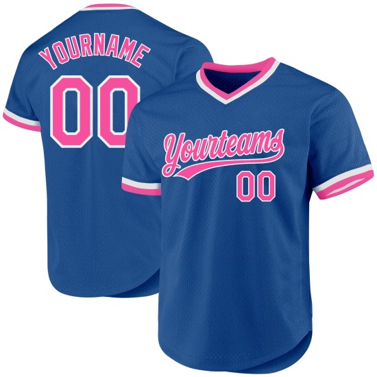 Maillot de baseball authentique personnalisé rose-blanc bleu rétro Maillot de baseball authentique personnalisé rose-blanc bleu rétro