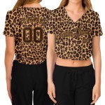 Maillot de baseball court 3D personnalisé à col en V pour femme, motif léopard marron et vieux Maillot de baseball court 3D personnalisé à col en V pour femme, motif léopard marron et vieux