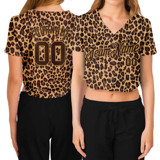 Maillot de baseball court 3D personnalisé à col en V pour femme, motif léopard marron et vieux Maillot de baseball court 3D personnalisé à col en V pour femme, motif léopard marron et vieux