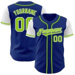 Maillot de baseball authentique néon bicolore personnalisé vert royal-blanc Maillot de baseball authentique néon bicolore personnalisé vert royal-blanc