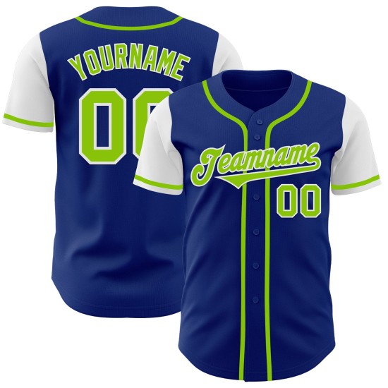 Maillot de baseball authentique néon bicolore personnalisé vert royal-blanc Maillot de baseball authentique néon bicolore personnalisé vert royal-blanc