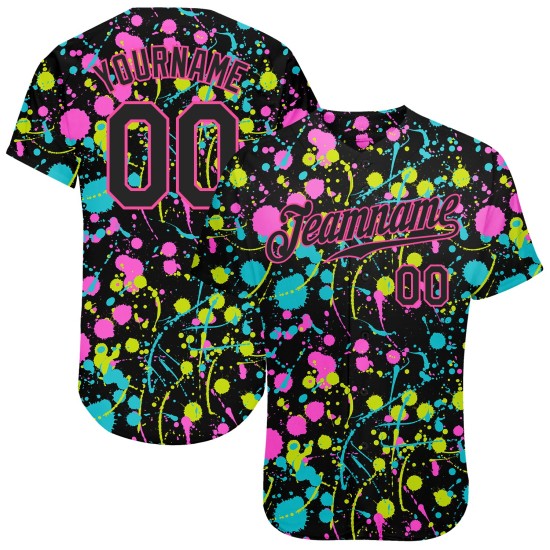 Maillot de baseball personnalisé avec motif graffiti 3D, néon noir et rose, éclaboussures authentiques Maillot de baseball personnalisé avec motif graffiti 3D, néon noir et rose, éclaboussures authentiques