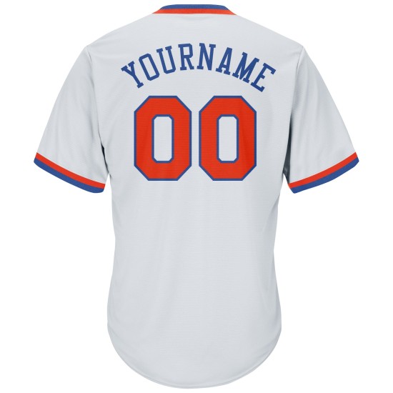 Maillot de baseball personnalisé en tricot côtelé, blanc, rétro, authentique, orange et bleu roi Maillot de baseball personnalisé en tricot côtelé, blanc, rétro, authentique, orange et bleu roi