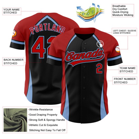 Maillot de baseball bleu personnalisé avec motif 3D noir, authentique, uni, rouge et clair Maillot de baseball bleu personnalisé avec motif 3D noir, authentique, uni, rouge et clair