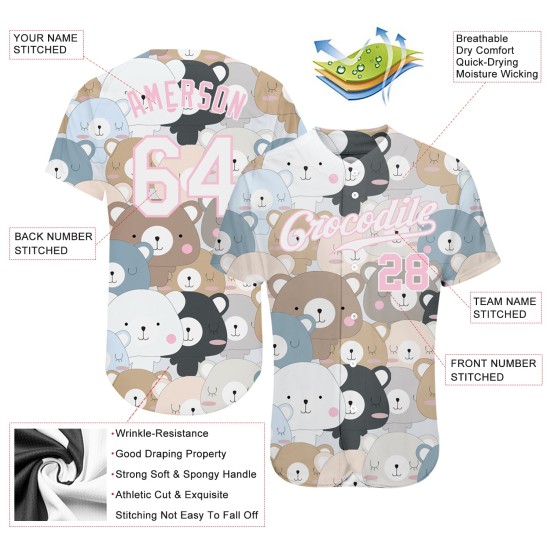 Maillot Teddy 3D Blanc-Motif Clair Blanc Personnalisé Ours Authentique Rose Design Baseball Maillot Teddy 3D Blanc-Motif Clair Blanc Personnalisé Ours Authentique Rose Design Baseball