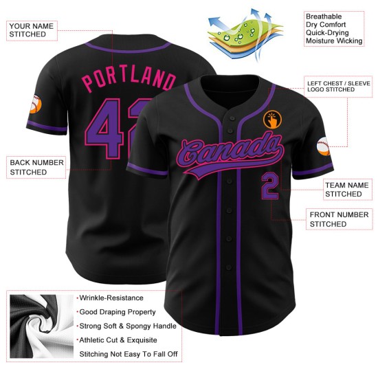 Maillot de baseball noir authentique personnalisé rose violet-chaud Maillot de baseball noir authentique personnalisé rose violet-chaud