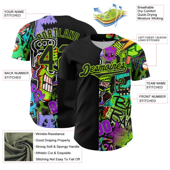 Maillot Rave 3D authentique de baseball Monster Neon Black, motif personnalisé vert Maillot Rave 3D authentique de baseball Monster Neon Black, motif personnalisé vert