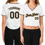 Maillot de baseball court blanc doré et noir pour femme, col en V, personnalisé Maillot de baseball court blanc doré et noir pour femme, col en V, personnalisé