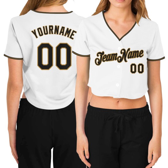 Maillot de baseball court blanc doré et noir pour femme, col en V, personnalisé Maillot de baseball court blanc doré et noir pour femme, col en V, personnalisé