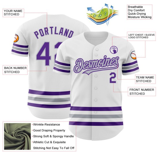 Maillot de baseball personnalisé violet-gris authentique blanc Maillot de baseball personnalisé violet-gris authentique blanc
