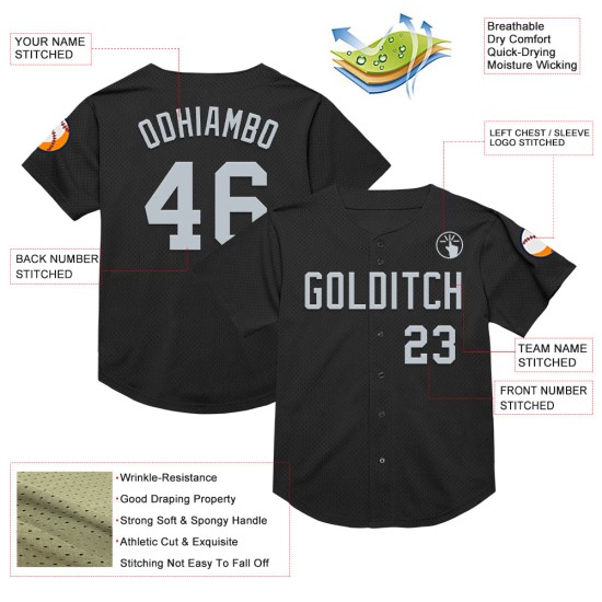 Maillot de baseball authentique en maille argentée, personnalisé, noir, rétro Maillot de baseball authentique en maille argentée, personnalisé, noir, rétro