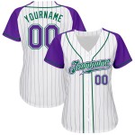 Maillot Raglan Personnalisé Vert Baseball Blanc Authentique Manches Violet-Kelly Violet Rayures Fines Maillot Raglan Personnalisé Vert Baseball Blanc Authentique Manches Violet-Kelly Violet Rayures Fines