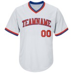 Maillot de baseball personnalisé en tricot côtelé, blanc, rétro, authentique, orange et bleu roi Maillot de baseball personnalisé en tricot côtelé, blanc, rétro, authentique, orange et bleu roi