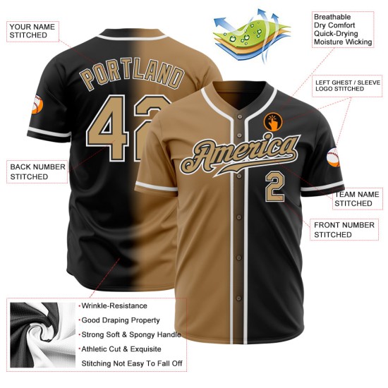 Maillot de baseball noir authentique dégradé personnalisé or-blanc Maillot de baseball noir authentique dégradé personnalisé or-blanc