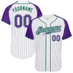 Maillot Raglan Personnalisé Vert Baseball Blanc Authentique Manches Violet-Kelly Violet Rayures Fines Maillot Raglan Personnalisé Vert Baseball Blanc Authentique Manches Violet-Kelly Violet Rayures Fines