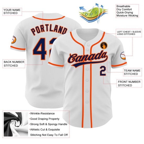 Maillot de baseball personnalisé bleu marine et orange authentique blanc Maillot de baseball personnalisé bleu marine et orange authentique blanc