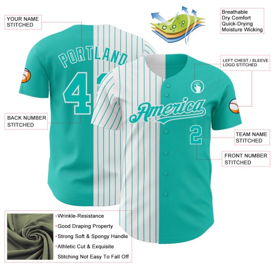 Maillot de baseball personnalisé à rayures fines authentique Split Blanc-Aqua Aqua Maillot de baseball personnalisé à rayures fines authentique Split Blanc-Aqua Aqua