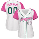 Maillot de baseball Kelly blanc authentique, personnalisé, manches raglan roses à fines rayures vertes et roses Maillot de baseball Kelly blanc authentique, personnalisé, manches raglan roses à fines rayures vertes et roses