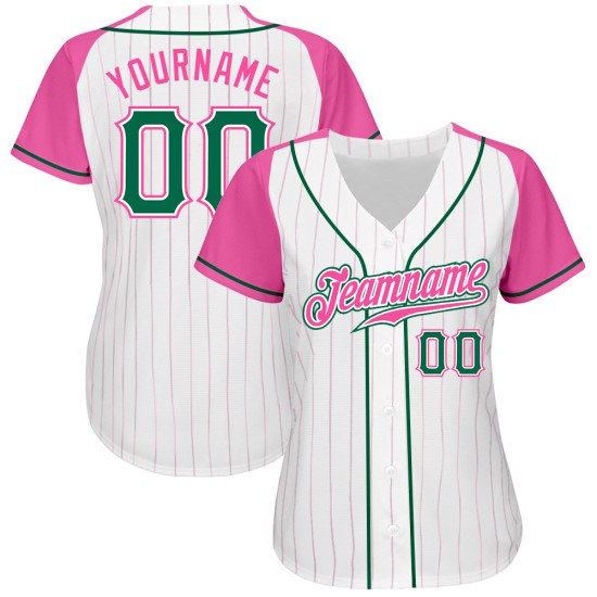 Maillot de baseball Kelly blanc authentique, personnalisé, manches raglan roses à fines rayures vertes et roses Maillot de baseball Kelly blanc authentique, personnalisé, manches raglan roses à fines rayures vertes et roses