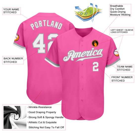 Maillot de baseball personnalisé rose authentique blanc-gris Maillot de baseball personnalisé rose authentique blanc-gris