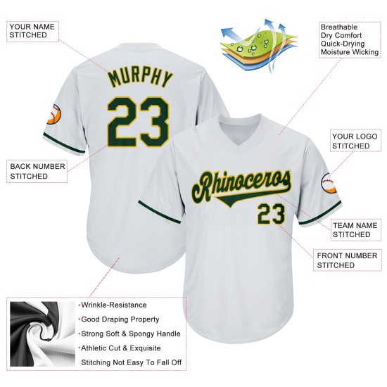 Maillot de baseball côtelé vert-doré personnalisé, maillot rétro authentique blanc Maillot de baseball côtelé vert-doré personnalisé, maillot rétro authentique blanc