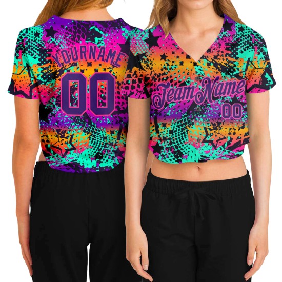 Maillot violet-rose pour femme, motif baseball néon 3D brillant, col en V, couleurs graffiti, coupe courte Maillot violet-rose pour femme, motif baseball néon 3D brillant, col en V, couleurs graffiti, coupe courte