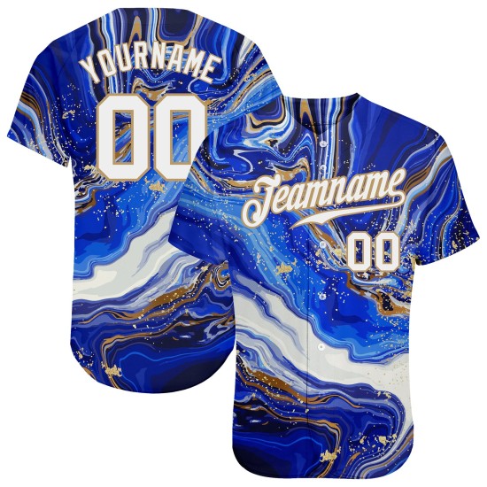 Maillot de baseball Royal Gold authentique, motif 3D personnalisé, blanc et vieux marbre Maillot de baseball Royal Gold authentique, motif 3D personnalisé, blanc et vieux marbre