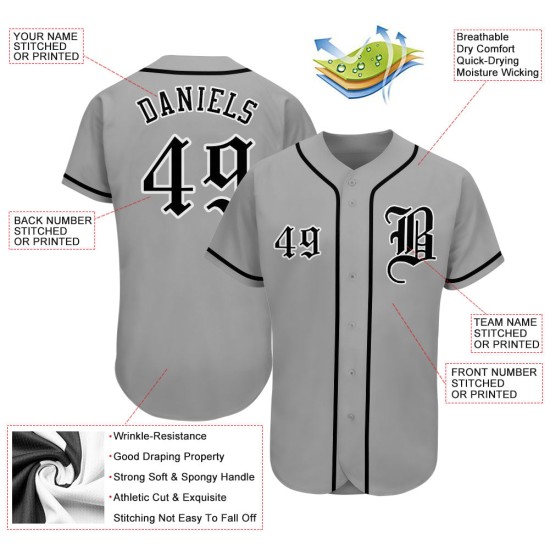 Maillot de baseball authentique noir et blanc personnalisé gris Maillot de baseball authentique noir et blanc personnalisé gris