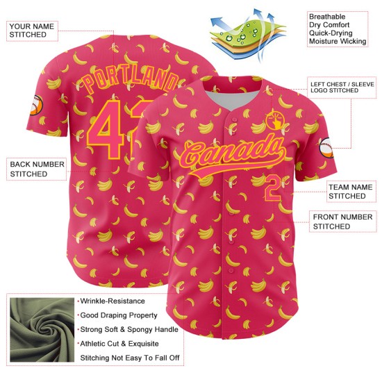 Maillot de baseball personnalisé rose avec motif 3D authentique de fruits, banane et néon jaune Maillot de baseball personnalisé rose avec motif 3D authentique de fruits, banane et néon jaune
