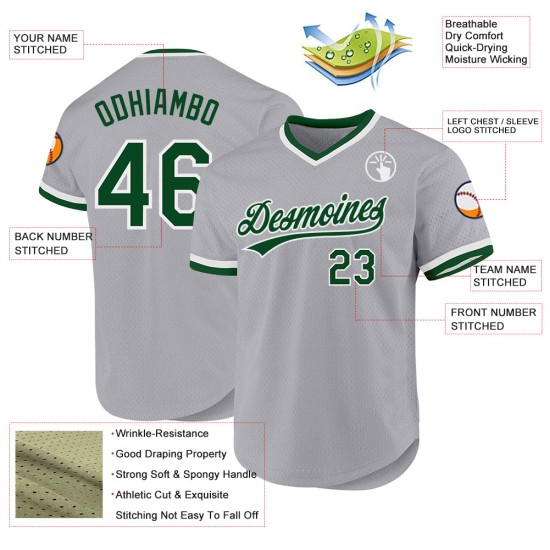 Maillot de baseball authentique Throwback vert-blanc personnalisé gris Maillot de baseball authentique Throwback vert-blanc personnalisé gris