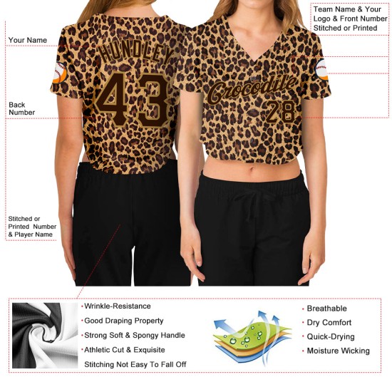 Maillot de baseball court 3D personnalisé à col en V pour femme, motif léopard marron et vieux Maillot de baseball court 3D personnalisé à col en V pour femme, motif léopard marron et vieux