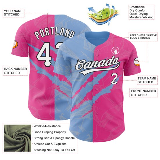 Maillot de baseball personnalisé motif graffiti rose bleu-noir 3D à gratter léger authentique Maillot de baseball personnalisé motif graffiti rose bleu-noir 3D à gratter léger authentique