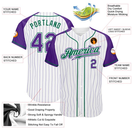 Maillot Raglan Personnalisé Vert Baseball Blanc Authentique Manches Violet-Kelly Violet Rayures Fines Maillot Raglan Personnalisé Vert Baseball Blanc Authentique Manches Violet-Kelly Violet Rayures Fines