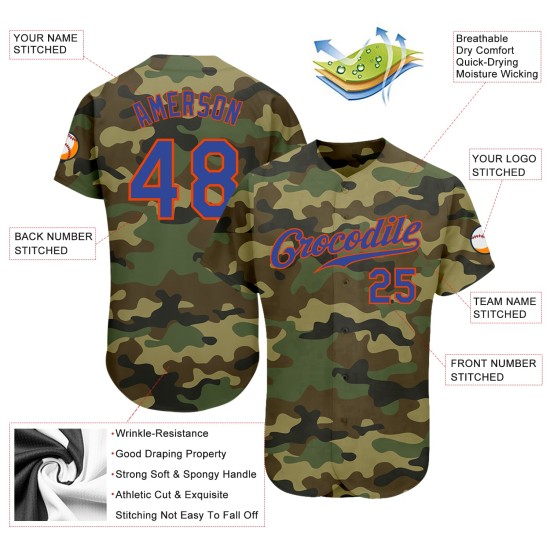 Maillot de baseball personnalisé camouflage Royal-Orange authentique pour saluer le service Maillot de baseball personnalisé camouflage Royal-Orange authentique pour saluer le service