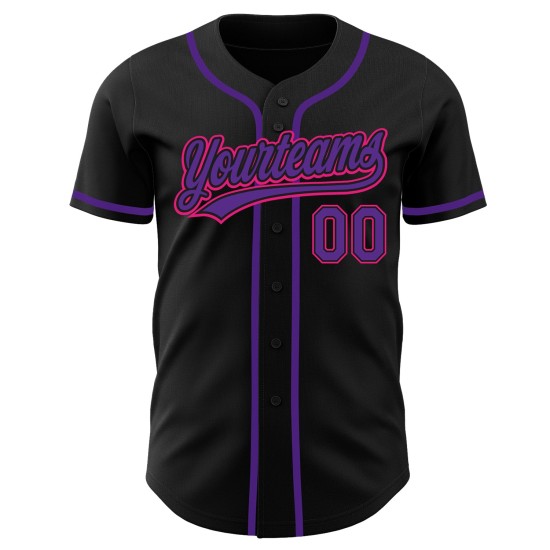 Maillot de baseball noir authentique personnalisé rose violet-chaud Maillot de baseball noir authentique personnalisé rose violet-chaud