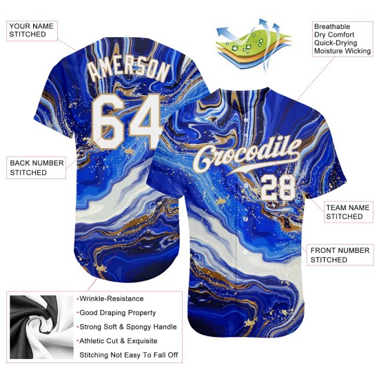 Maillot de baseball Royal Gold authentique, motif 3D personnalisé, blanc et vieux marbre Maillot de baseball Royal Gold authentique, motif 3D personnalisé, blanc et vieux marbre