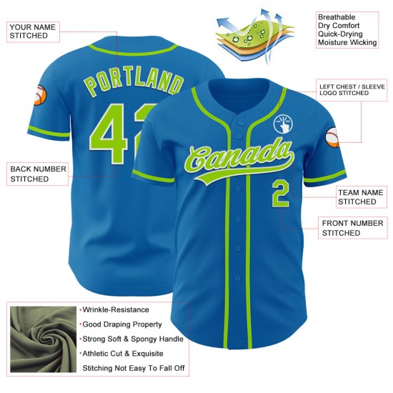 Maillot de baseball bleu personnalisé authentique vert-blanc fluo Maillot de baseball bleu personnalisé authentique vert-blanc fluo