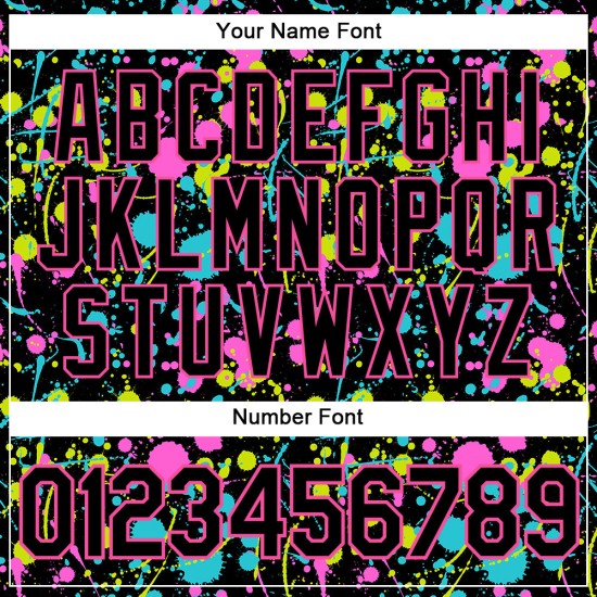 Maillot de baseball personnalisé avec motif graffiti 3D, néon noir et rose, éclaboussures authentiques Maillot de baseball personnalisé avec motif graffiti 3D, néon noir et rose, éclaboussures authentiques