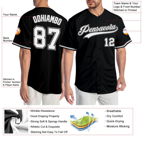Maillot de baseball authentique noir blanc-gris personnalisé Maillot de baseball authentique noir blanc-gris personnalisé