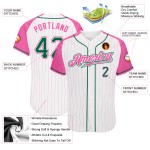 Maillot de baseball Kelly blanc authentique, personnalisé, manches raglan roses à fines rayures vertes et roses Maillot de baseball Kelly blanc authentique, personnalisé, manches raglan roses à fines rayures vertes et roses