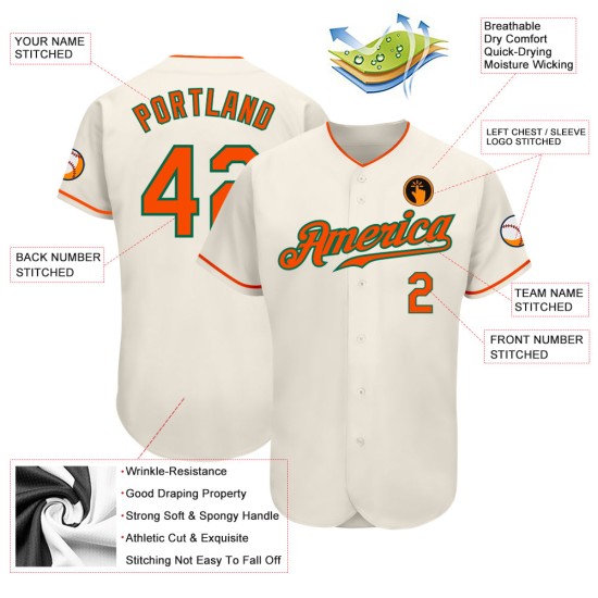 Maillot de baseball Orange-Kelly personnalisé vert authentique crème Maillot de baseball Orange-Kelly personnalisé vert authentique crème