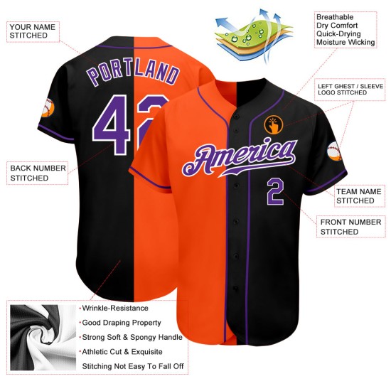 Maillot de baseball violet-orange authentique Split, noir, mode personnalisée Maillot de baseball violet-orange authentique Split, noir, mode personnalisée